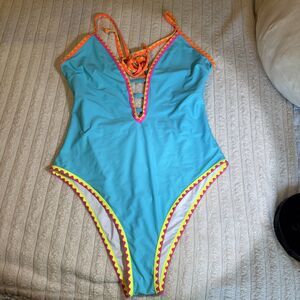 POPVIL Blue Shell Trim Front Strappy Cut-Outs Back Tie One Piece Women’s SizeXXL